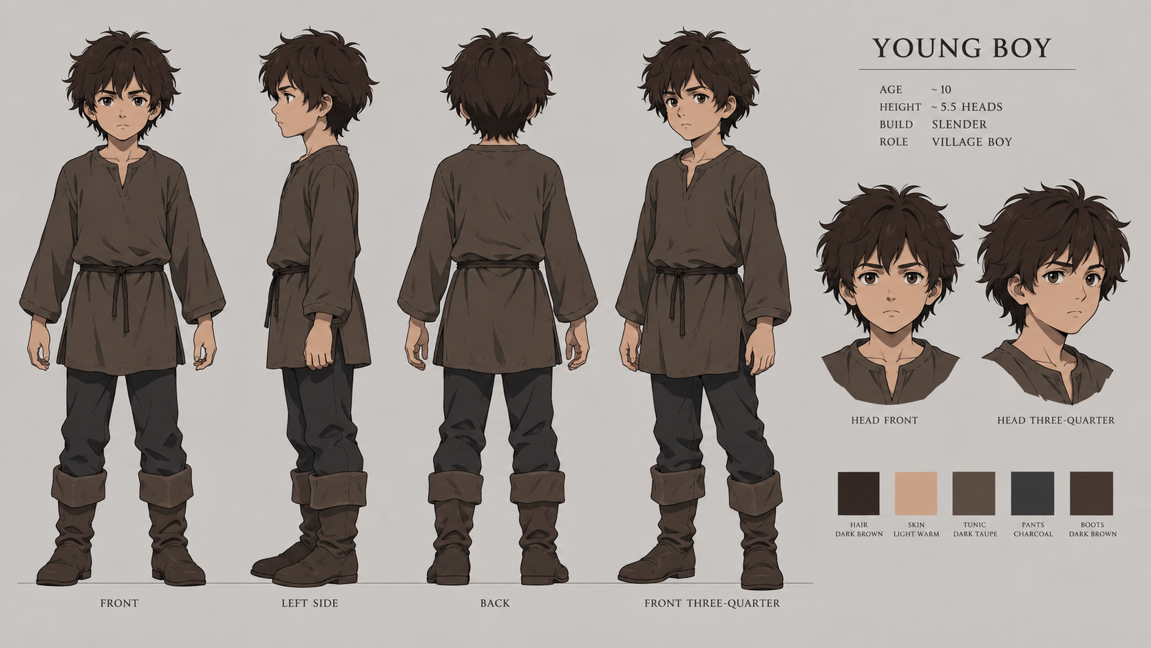 Generated character sheet with front, side, rear and three-quarter views of the boy